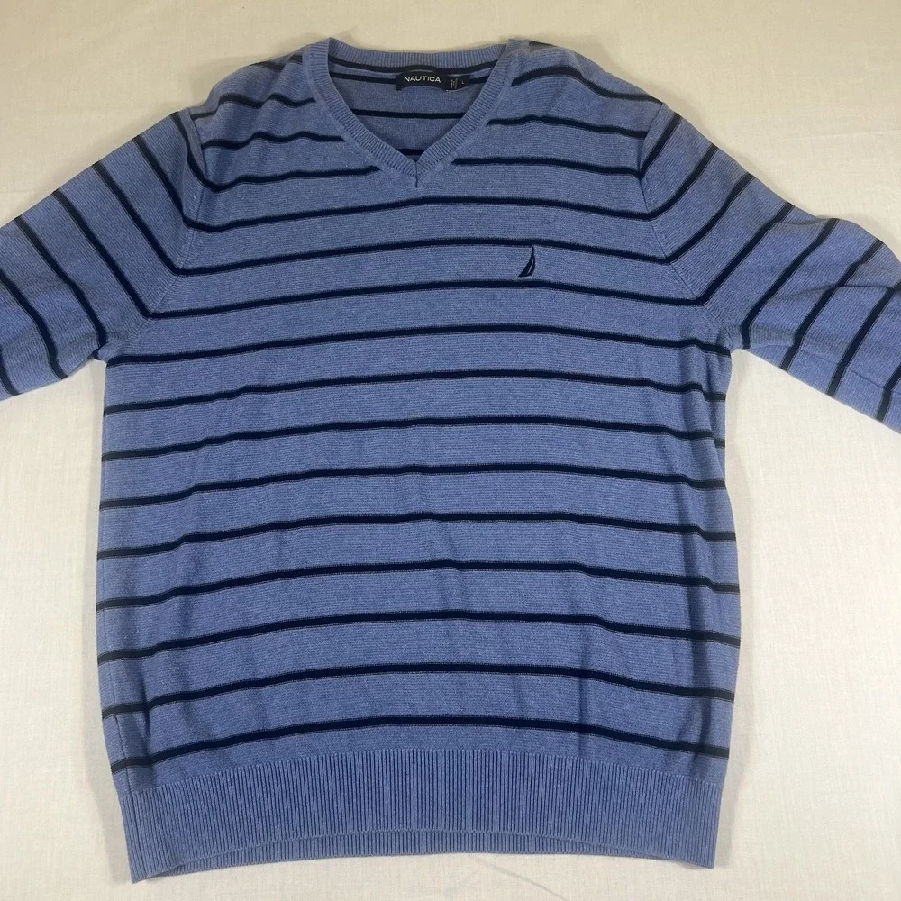 Nautica Mens Large Blue Black Striped V Neck Sweater Cotton Knit Pullover